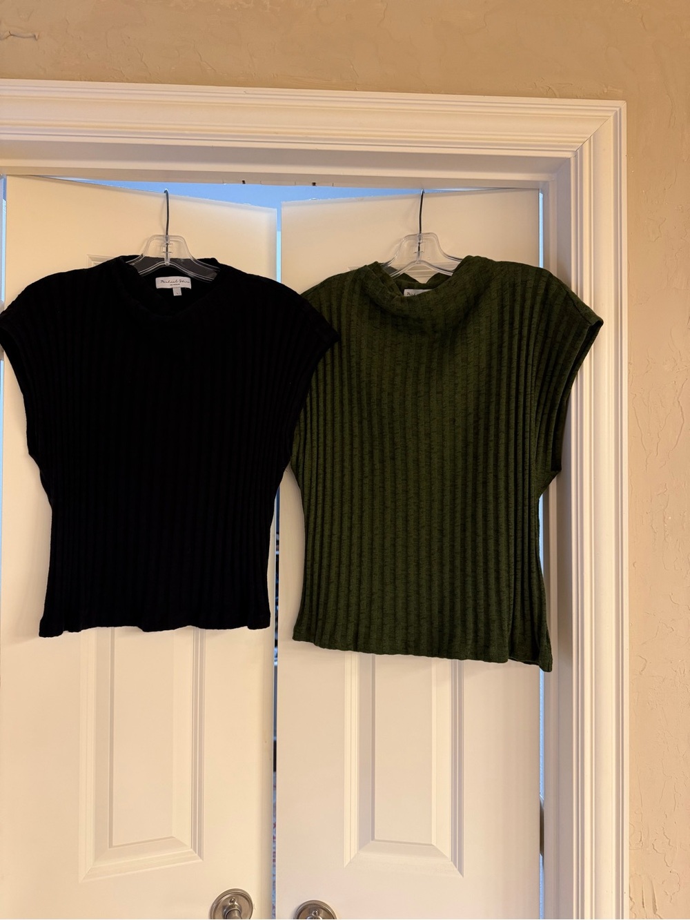 Michael Stars Ribbed Cap-Sleeve Sweater Tops in Black & Olive